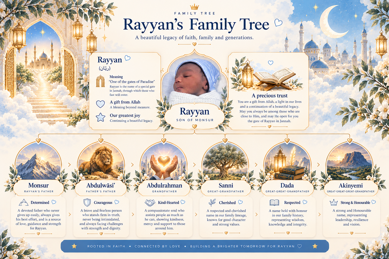 Rayyan’s family tree showing Rayyan the son of Monsur, Abdulwāsi’, Abdulrahman, Sanni, Dada and Akinyemi
